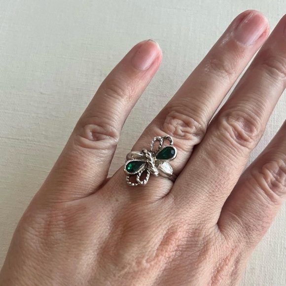 Sarah Cov Irish Treasure Green Rhinestone Silver Ring Adjustable Vintage Ring - Picture 3 of 10